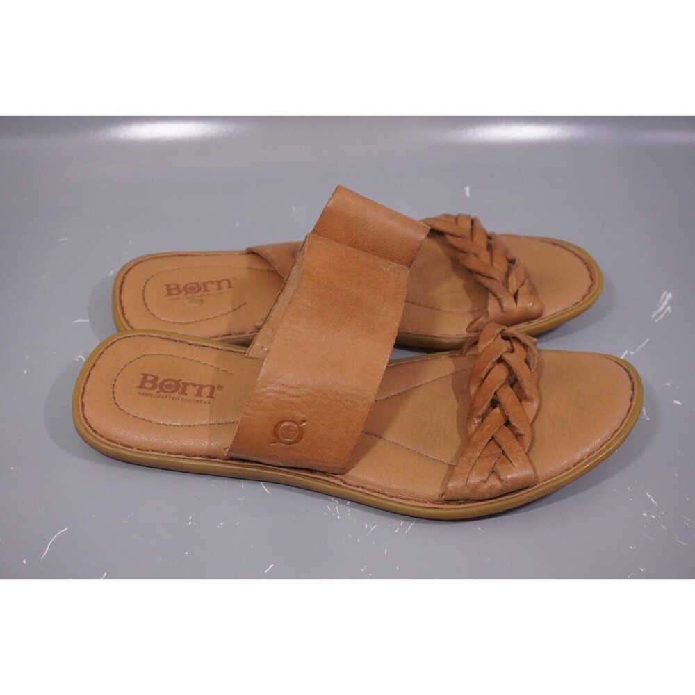 BORN Women’s Cherita Flat Slide Sandals Tan Leather Double Strap Size 9M